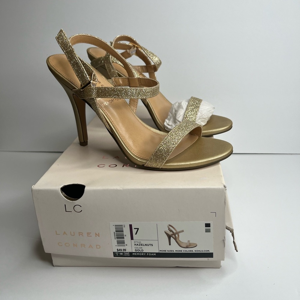 NWT- LC Lauren Conrad Glittering Gold Heels-Hazelnut
